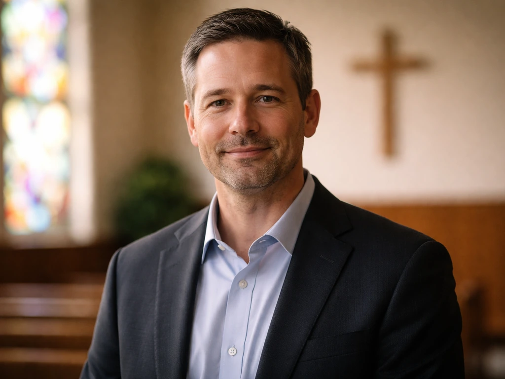 Anonymous church minister in head-and-shoulders view with warm stained-glass background light.