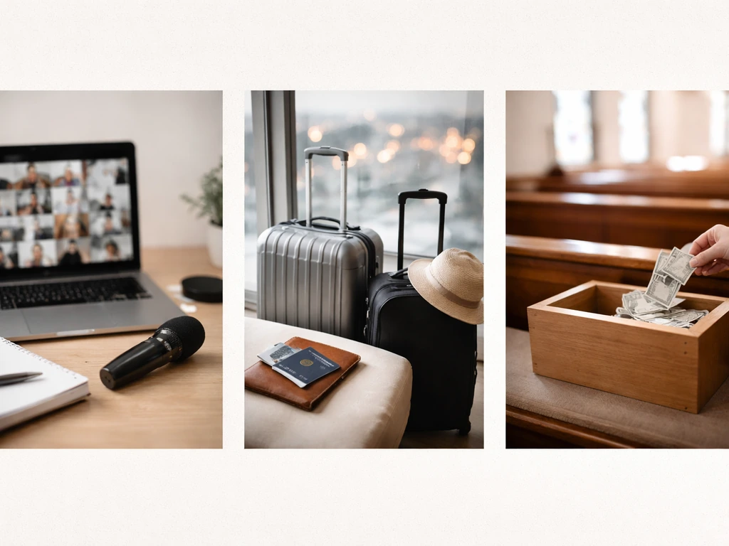 Minimal collage showing online training, speaking travel, and donations with office, suitcase, and church offering box.