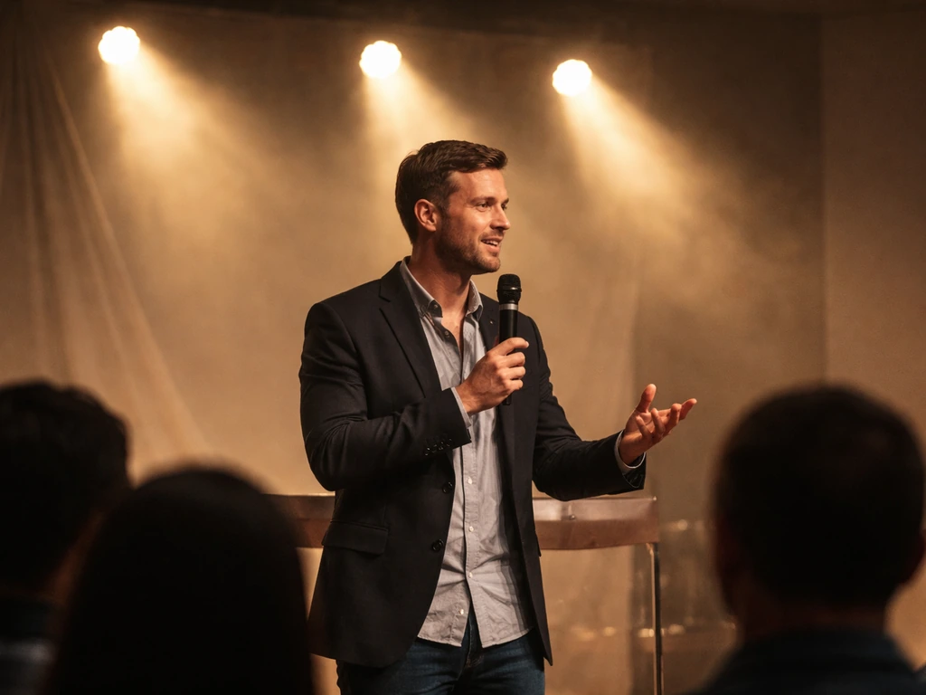 An anonymous preacher speaking on a small church revival stage with warm lights and an attentive audience