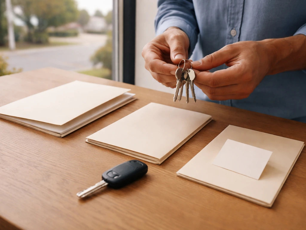 Unlabeled keys and folders on a desk with a quiet suburban and church-like backdrop in blur.