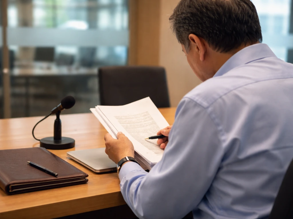 Minimal photo of a Filipino banker-like office scene with paperwork and a desk microphone