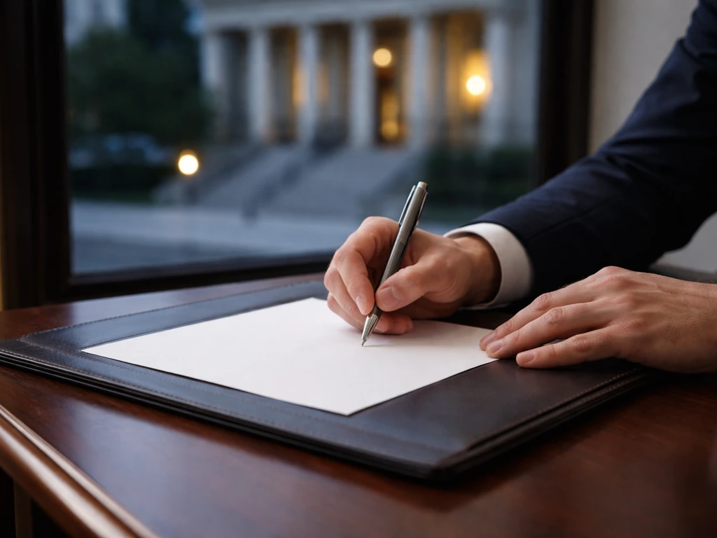 Minimal photo of hands signing a document beside a government-style building entrance at dusk