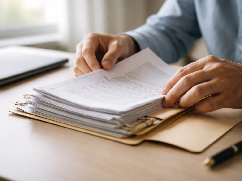 Hand holding a document file folder beside a laptop in a quiet office, suggesting public-record tracking.