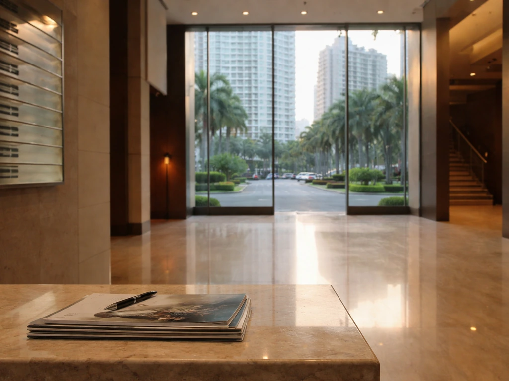 Quiet upscale office near Ayala Avenue with modern apartment towers visible through large windows.