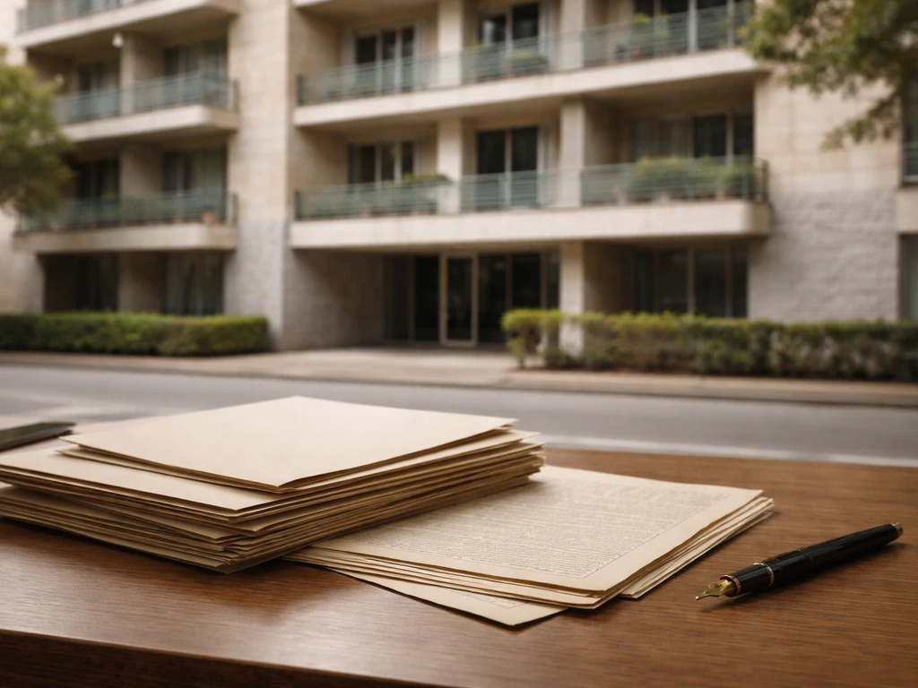 Sunlit apartment building façade with old-looking documents to suggest property-based net worth research
