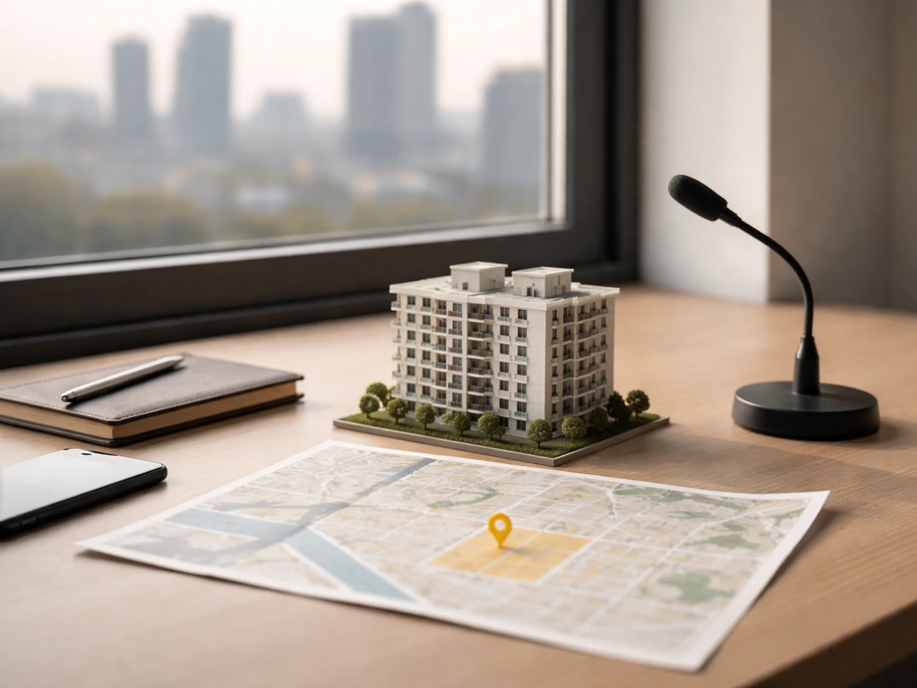 Minimal desk scene with a small apartment model and folded street map, suggesting real estate asset analysis.