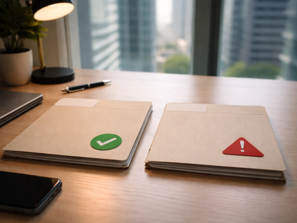Minimal desk scene with pinned folders and a red warning icon to suggest evidence vs speculation