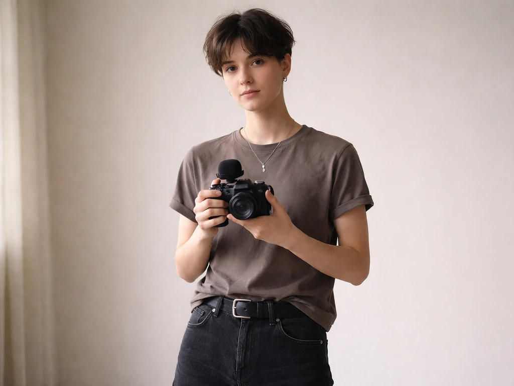 Anonymous young model/actor in a simple studio with soft window light and a small camera rig.