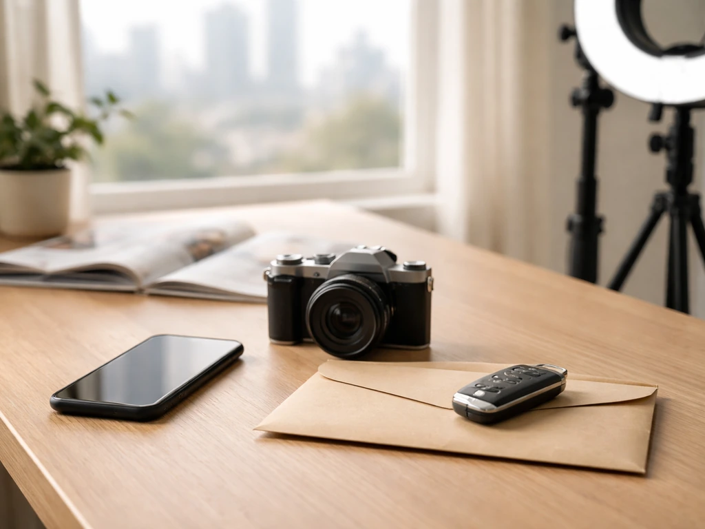 Minimal photo of a luxury office desk with a smartphone, camera gear, and a cash envelope, symbolizing income sources