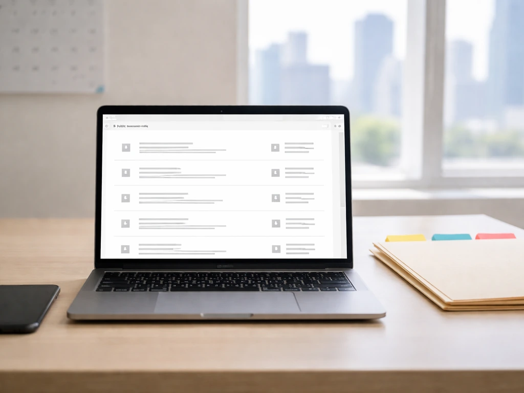 Laptop and phone on a desk showing blurred public-records search results placeholders for self-verification.