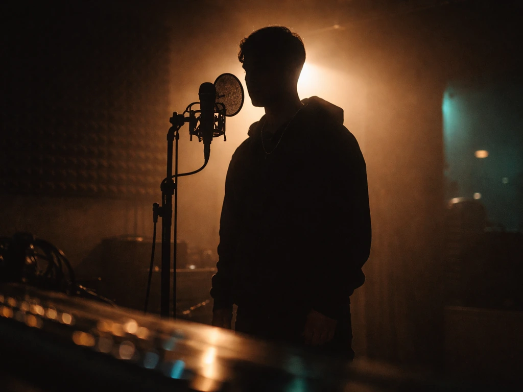 Moody music-studio scene with an anonymous singer silhouette near a microphone and warm stage lights