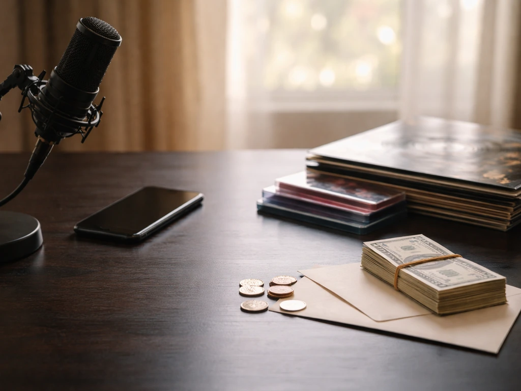 Minimal studio scene with a smartphone, vinyl records, and a microphone beside cash, symbolizing music income streams.