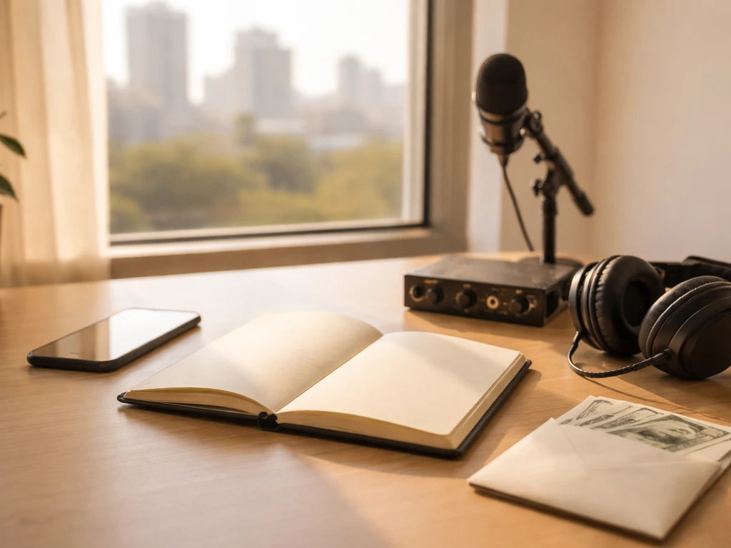 Minimal photo of a studio desk with music gear and a cash envelope, symbolizing career growth milestones