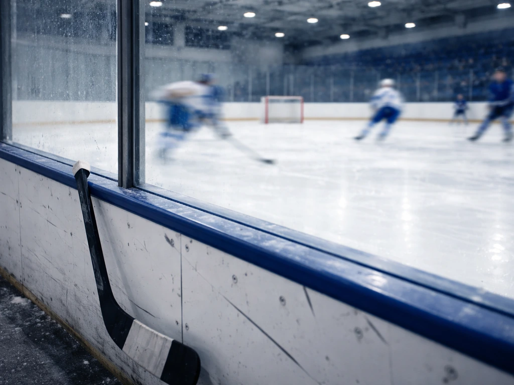 Empty hockey arena boards with a blurred rink scene, conveying a Finnish NHL player in action context.