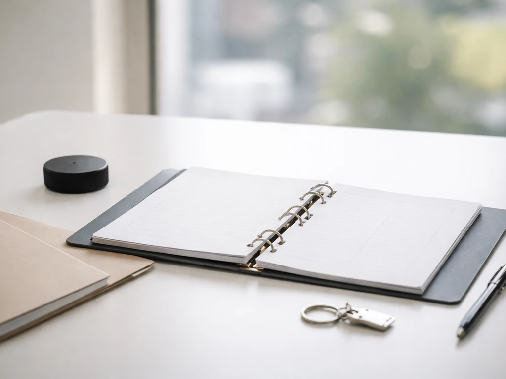 Minimal office desk scene with a glossy binder and a hockey-themed notebook, symbolizing NHL contract timeline