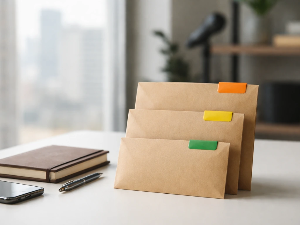 Minimal desk scene with stacked envelopes and business items suggesting career wealth growth phases.