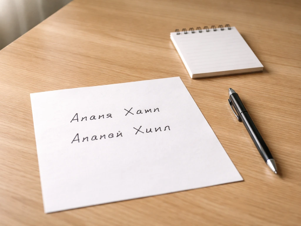 Minimal desk scene showing printed Latin and Cyrillic name spellings for comparison