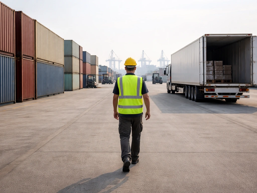 Anonymous logistics worker in a Bulgarian warehouse yard beside containers and an idle semi-truck.