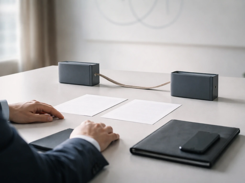 Anonymous business desk with two binders linked by ribbon, symbolizing holding and ownership structure.