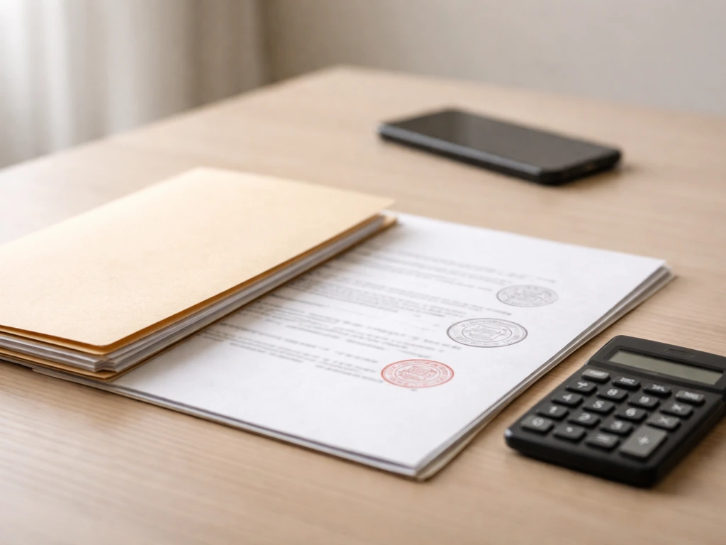 Minimal desk scene with blurred court/registry documents and a small calculator, symbolizing verified vs claimed facts.
