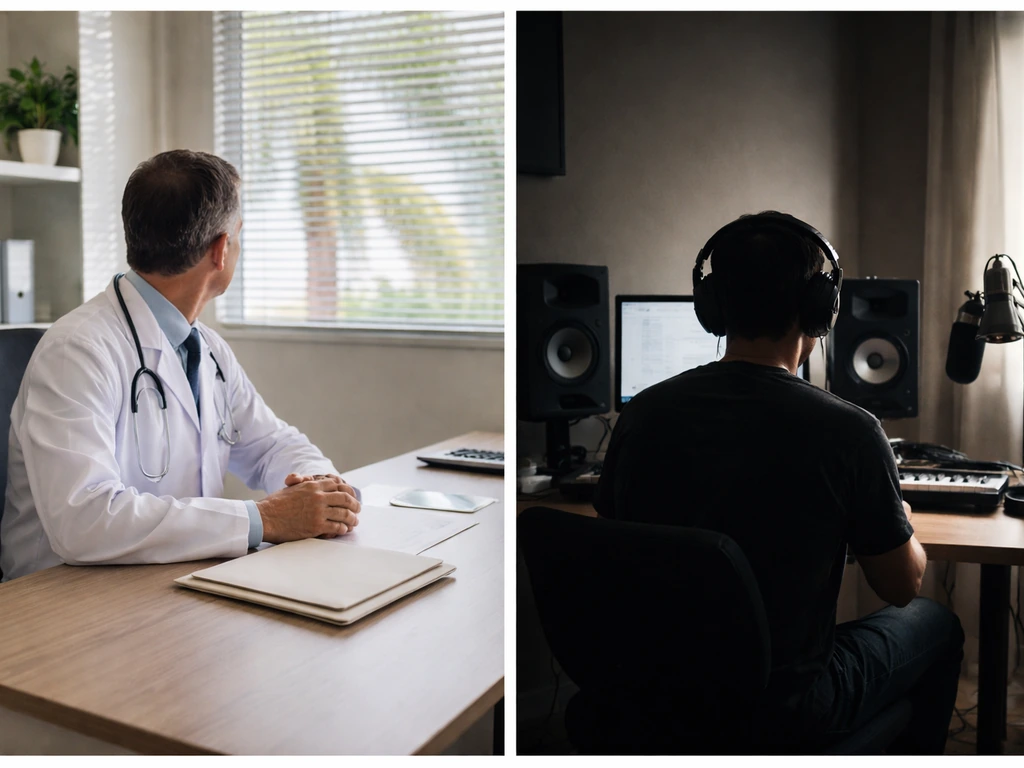 Split image showing an anonymous doctor in a Florida medical office and a separate music studio scene for Otto Vega