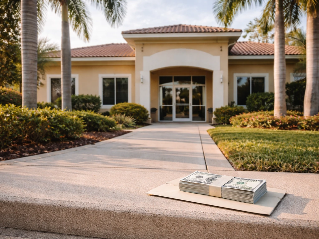 Minimal exterior of a Florida medical office with a small cash-and-envelope prop suggesting practice income.