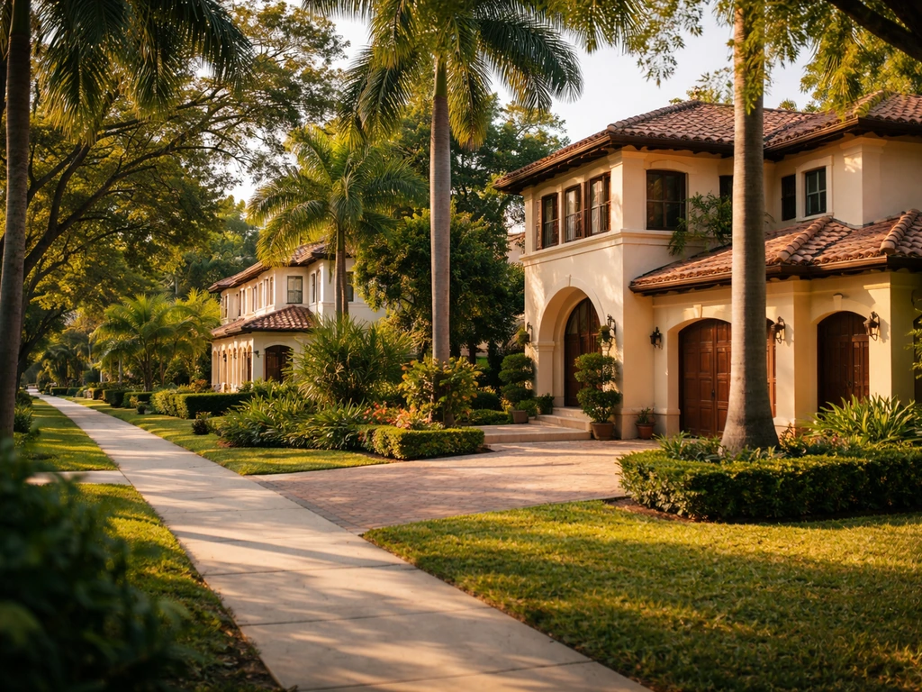 Upscale Coral Gables residential street with Mediterranean-style homes in warm natural light.