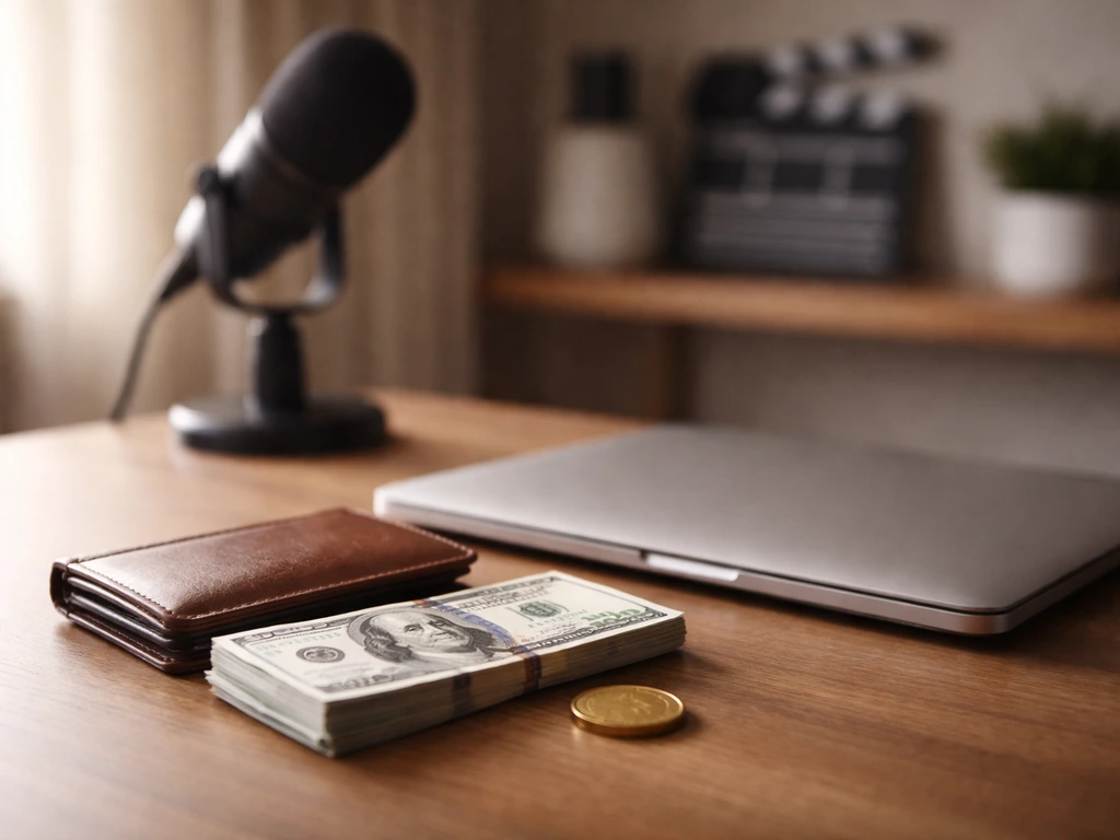 Minimal desk scene with a laptop and cash-like props symbolizing finance and celebrity-style income analysis.