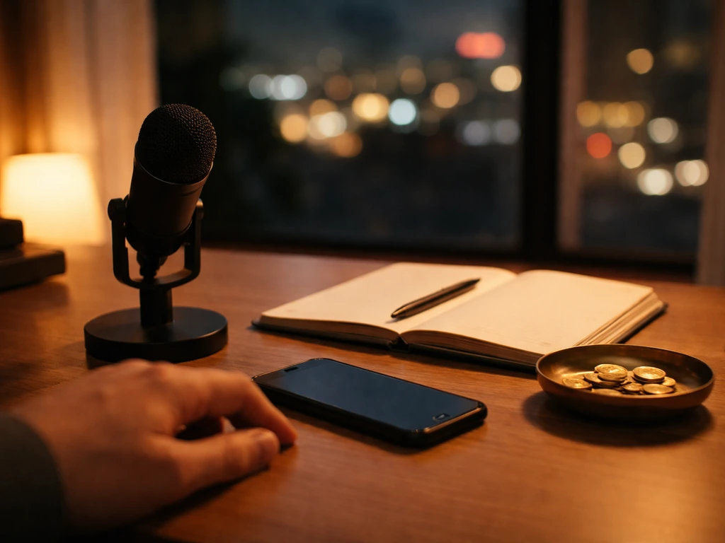 Minimal photo of a modern desk with a smartphone and entertainment industry vibe, suggesting mainstream media and earnin
