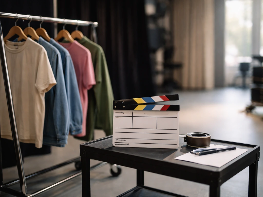 Minimal TV production moment: wardrobe rack and a production clapboard on a studio set table