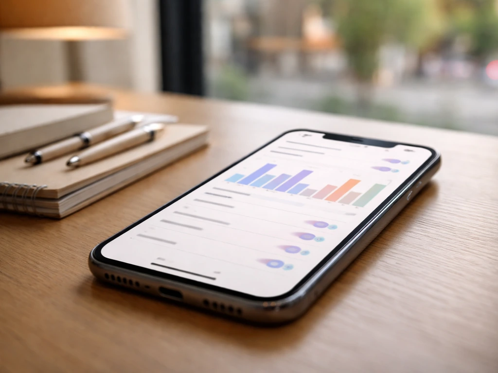 Smartphone on a desk showing a generic social analytics screen next to office items, minimal and realistic