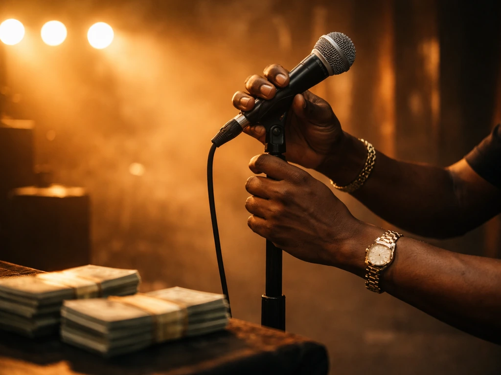 Dancehall-inspired studio scene with a microphone, warm lights, and cash-like props symbolizing music earnings