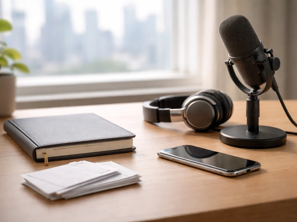 Minimal desk scene with a microphone and blank finance items symbolizing a net worth estimate basis.