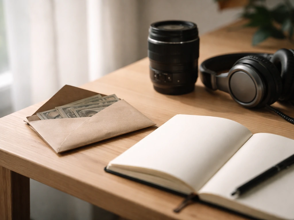 Independent artist’s studio desk with scattered money notes and a camera lens, symbolizing assets and holdings.