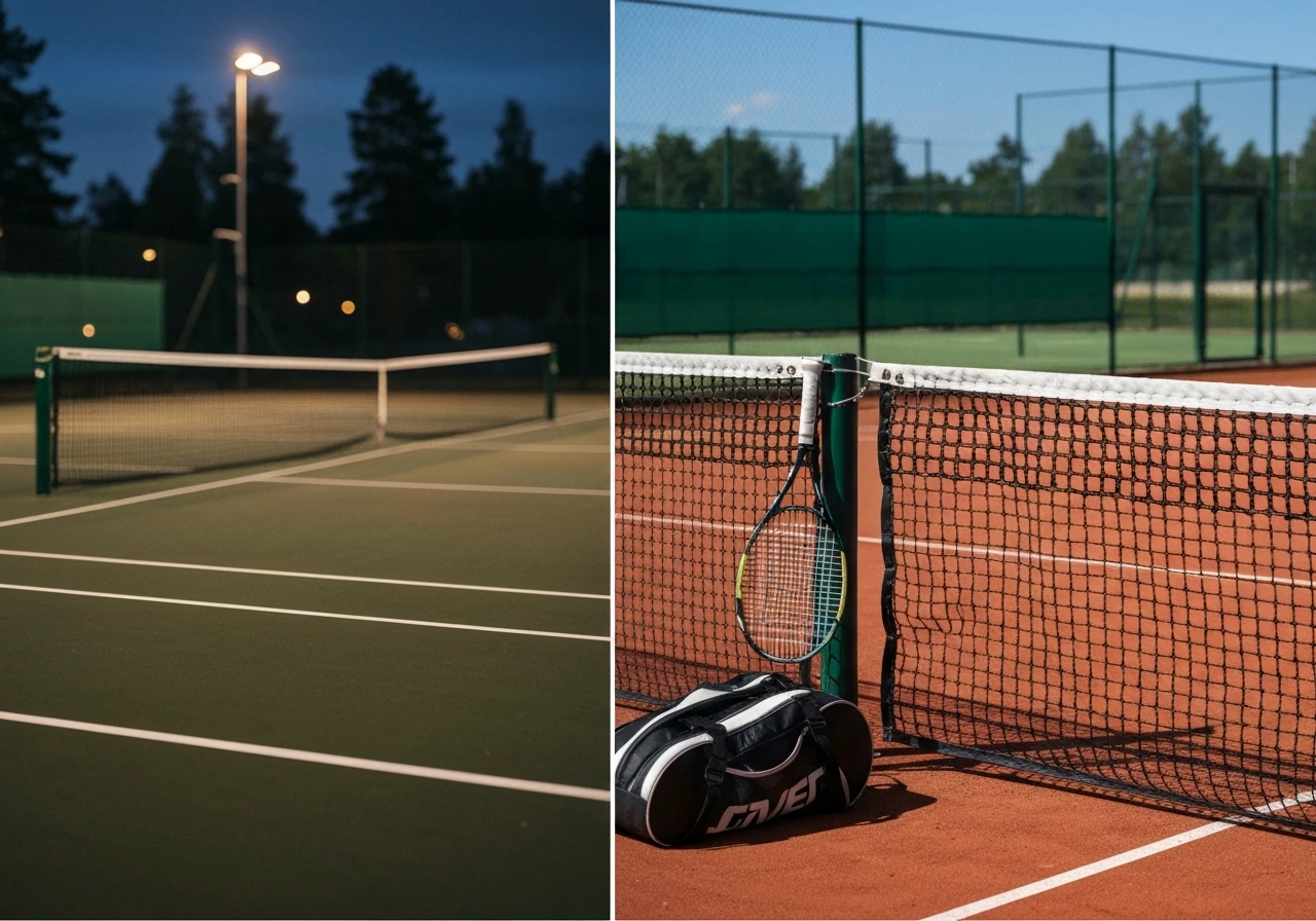 Minimal split-style photo showing two blurred tennis court scenes symbolizing two Otto Virtanens
