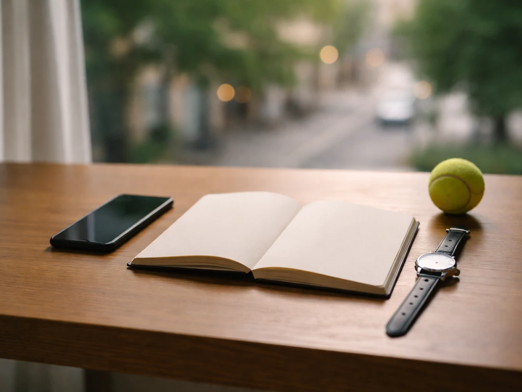 Minimal desk with phone, blank notebook, watch, and a tennis ball suggesting career milestones and income change.