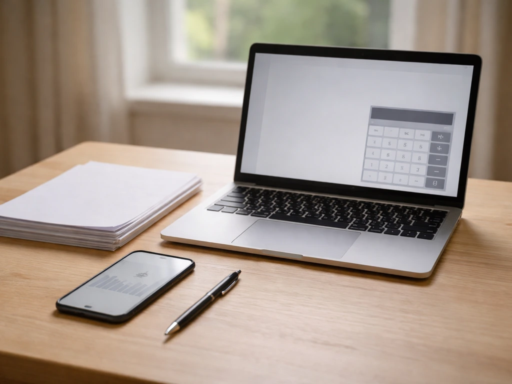 Minimal desk scene with laptop, blank documents, and pen suggesting money estimate sourcing workflow.