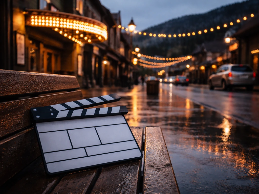 Sundance-era theater exterior at dusk with warm lights and a film clapboard on a bench, no people.