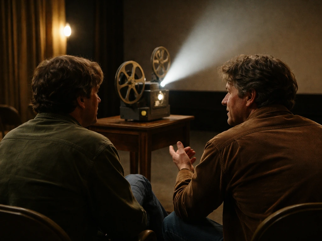 Two men in vintage film-lounge setting with a projector beam, referencing Sundance Film Festival origins.