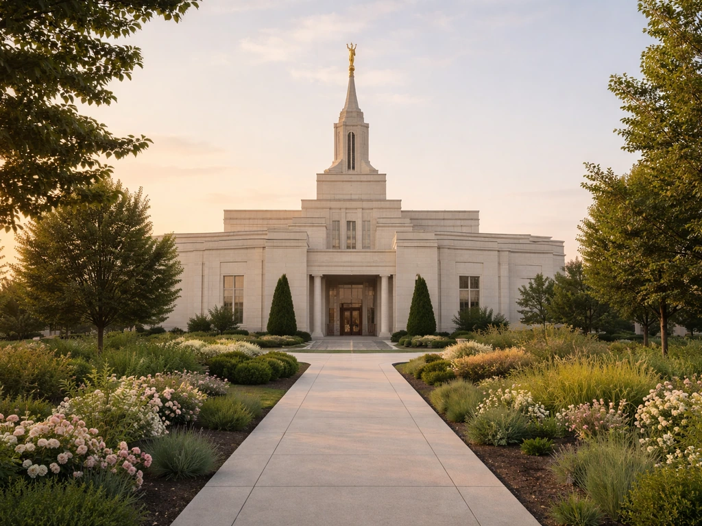 Quiet white temple exterior at golden hour, minimal scene with no people or text.