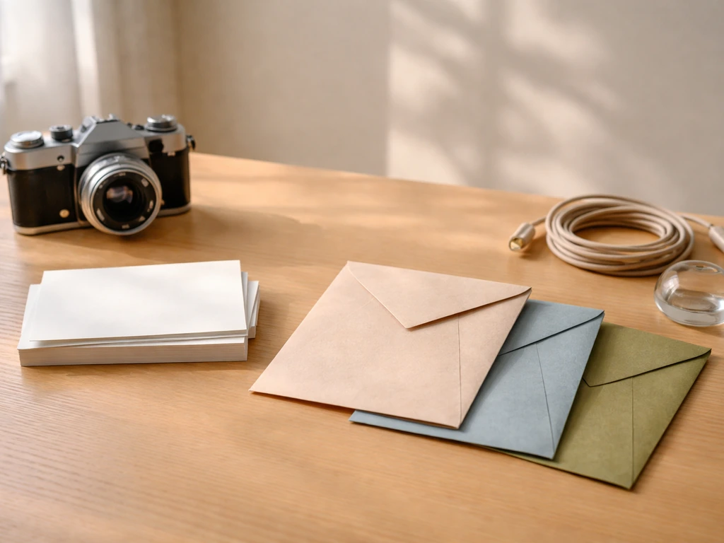 Minimal photo of a studio desk with a film camera, scattered notes, and cash-like envelopes as a symbolic timeline.