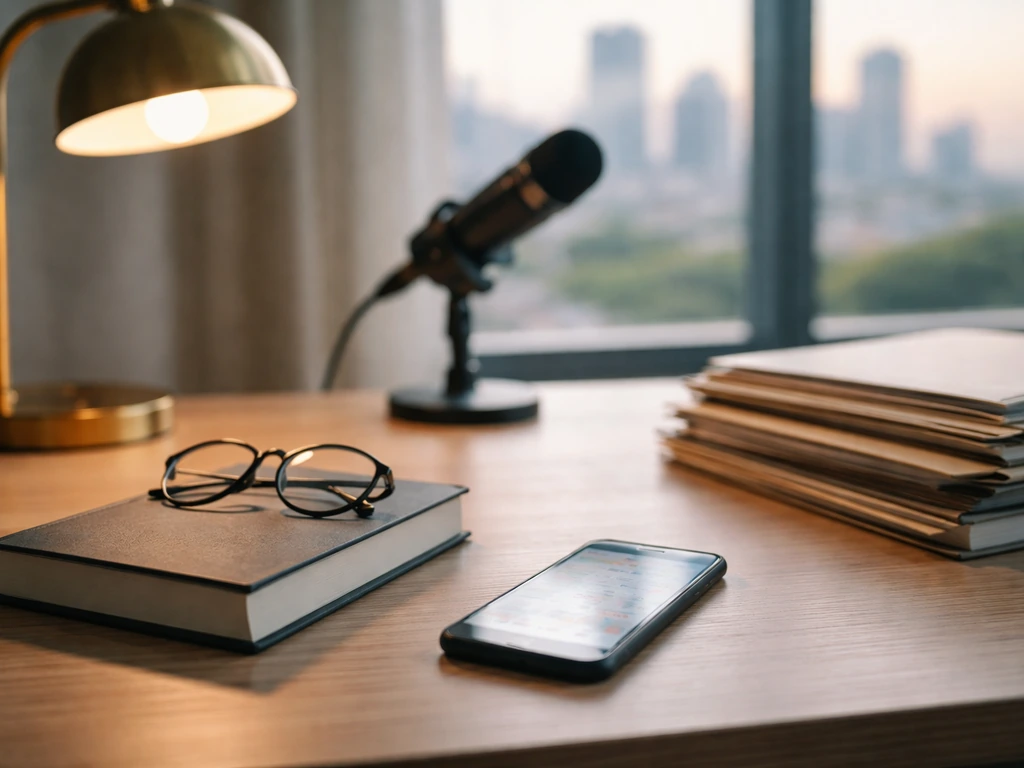 Clean home-office desk with books and documents, blurred phone screen, studio microphone backdrop.