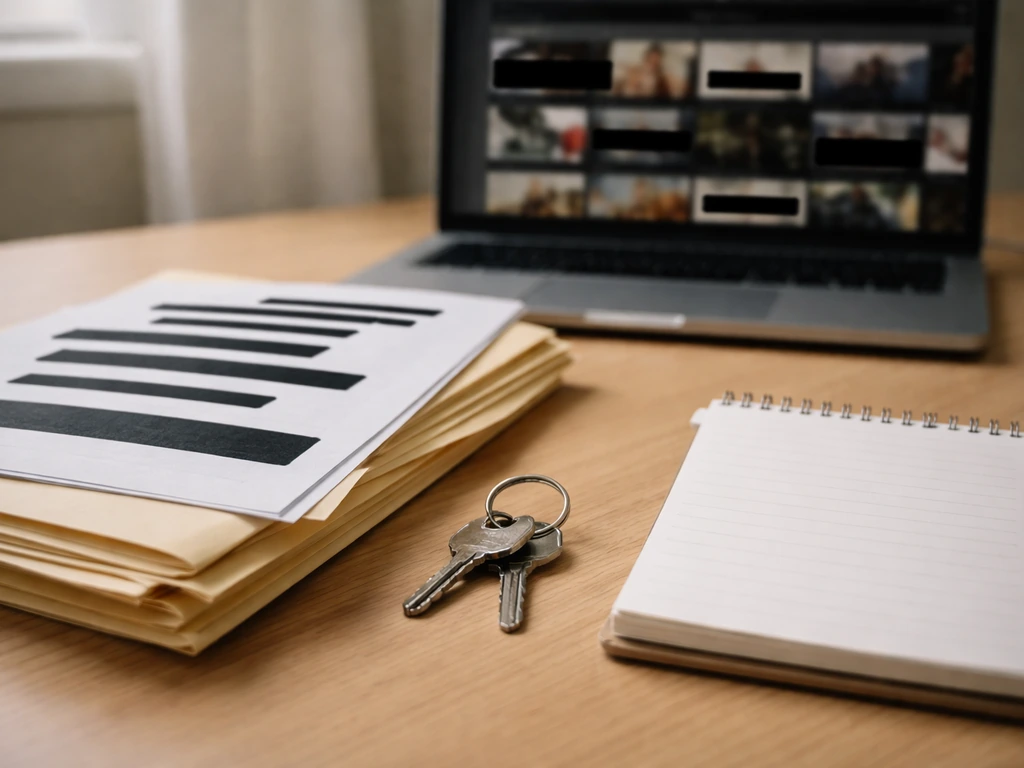Minimal desk scene with blurred documents, a keyring, and a phone showing media thumbnails, symbolizing public records r