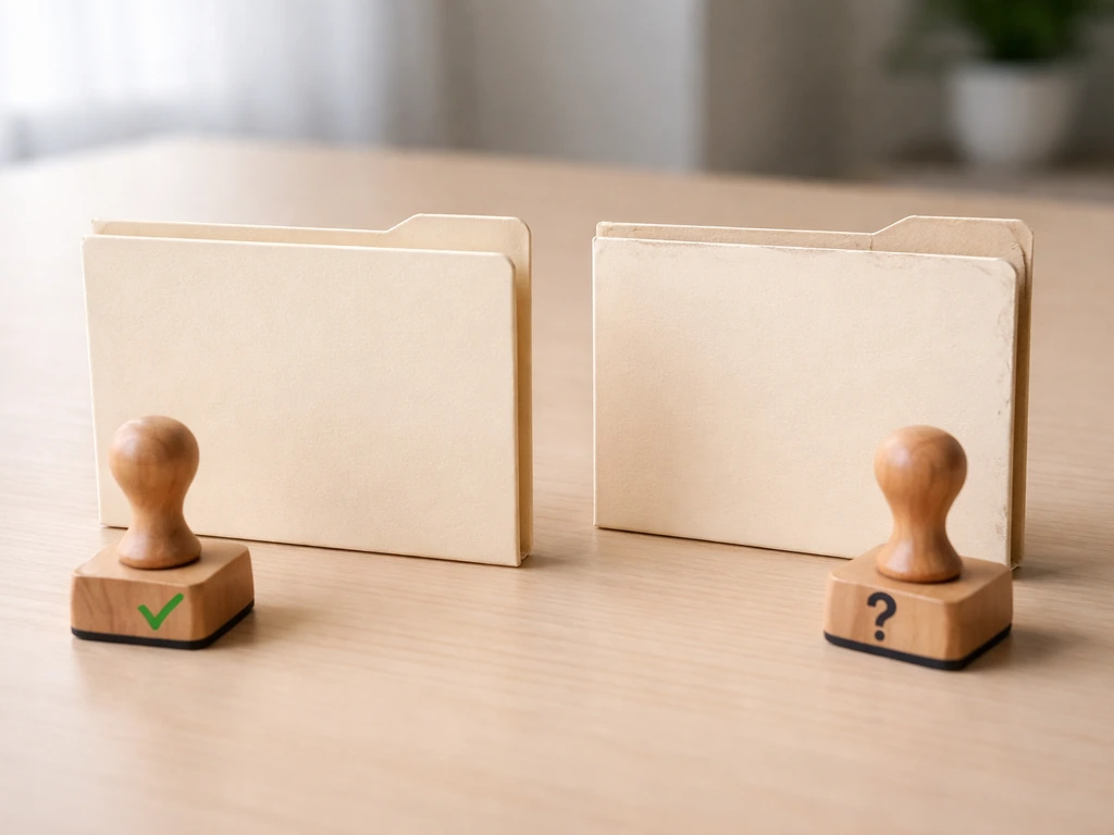 Minimal desk scene with two folders and simple check vs question stamps suggesting evidence vs speculation.