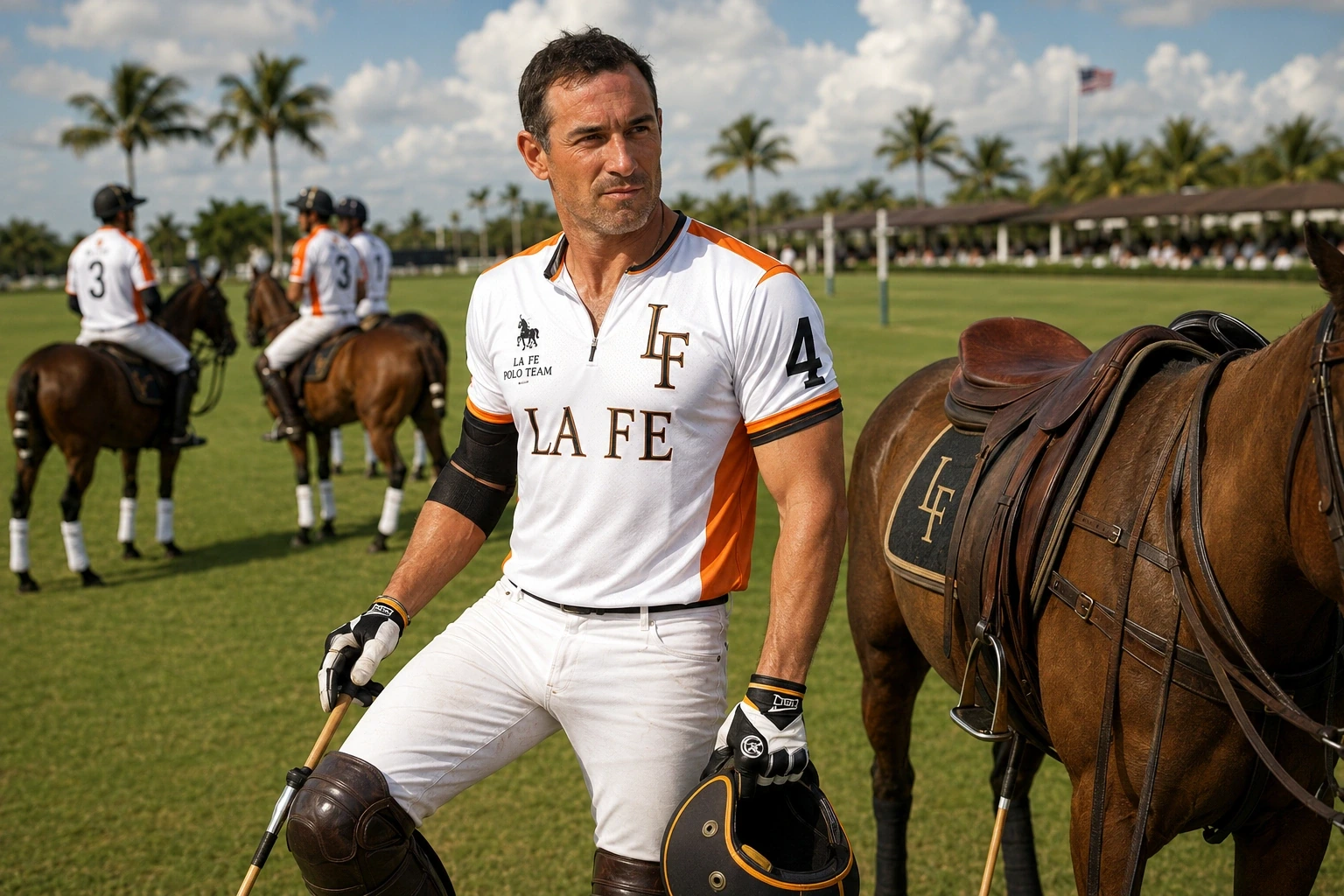 Louis Charles DeValeix in polo gear standing beside a horse on a polo field