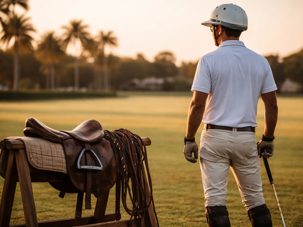 Anonymous polo player with saddle and reins on a quiet Palm Beach polo field at golden hour.