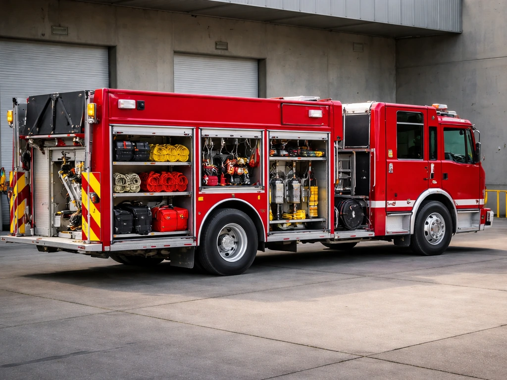 Red fire apparatus with open side compartments showing hoses and firefighting gear in an industrial bay.