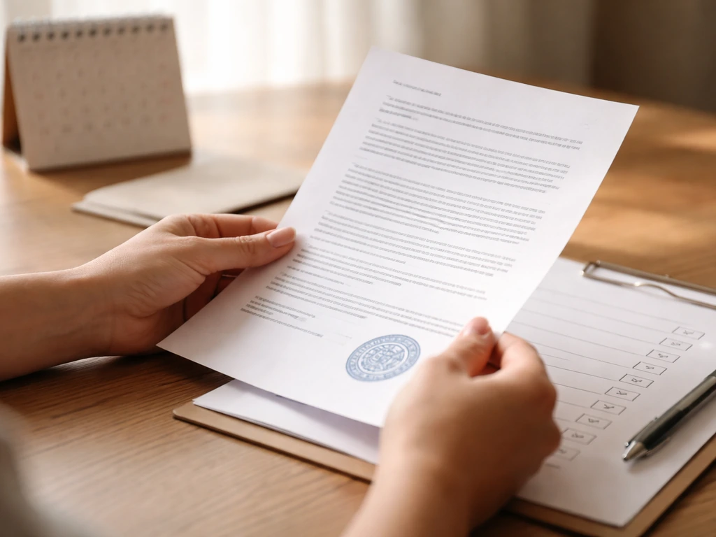 Close-up of hands reviewing printed state business record forms with a stamped checklist