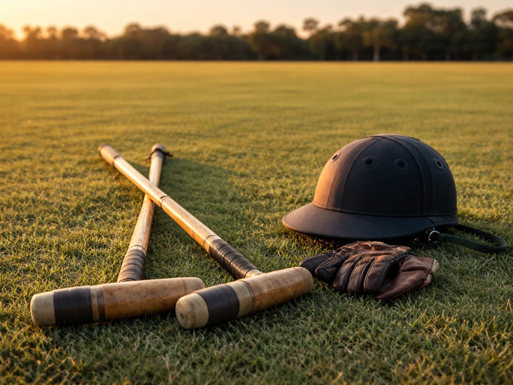 Polo mallets and a helmet resting on grass in a quiet Florida polo field