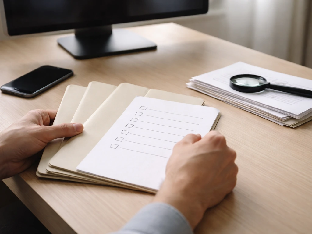 Anonymous hands reviewing documents with a magnifying glass on a simple desk.